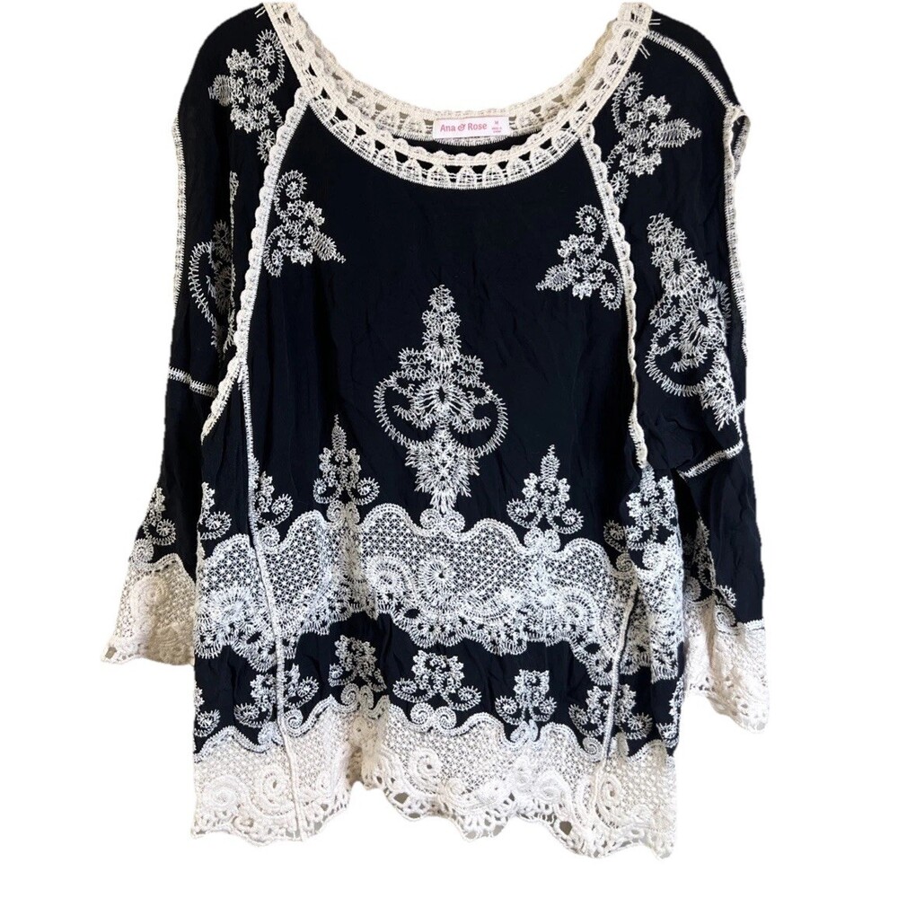 Ana & Rose Top Sz Medium Open Shoulder Embroidered Boho Peasant Blouse Boho Chic